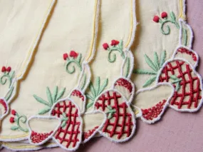 1950s MADEIRA Hand Embroidered Fun COCKTAIL Barwear Napkins Place Mats Sweet Strawberries Chic Cottage Mid Century Retro Linens 