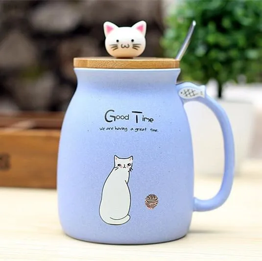 450ml Cartoon Ceramics Cat Mug With Lid and Spoon Coffee Milk Tea Mugs Breakfast Cup Drinkware Novelty Gifts