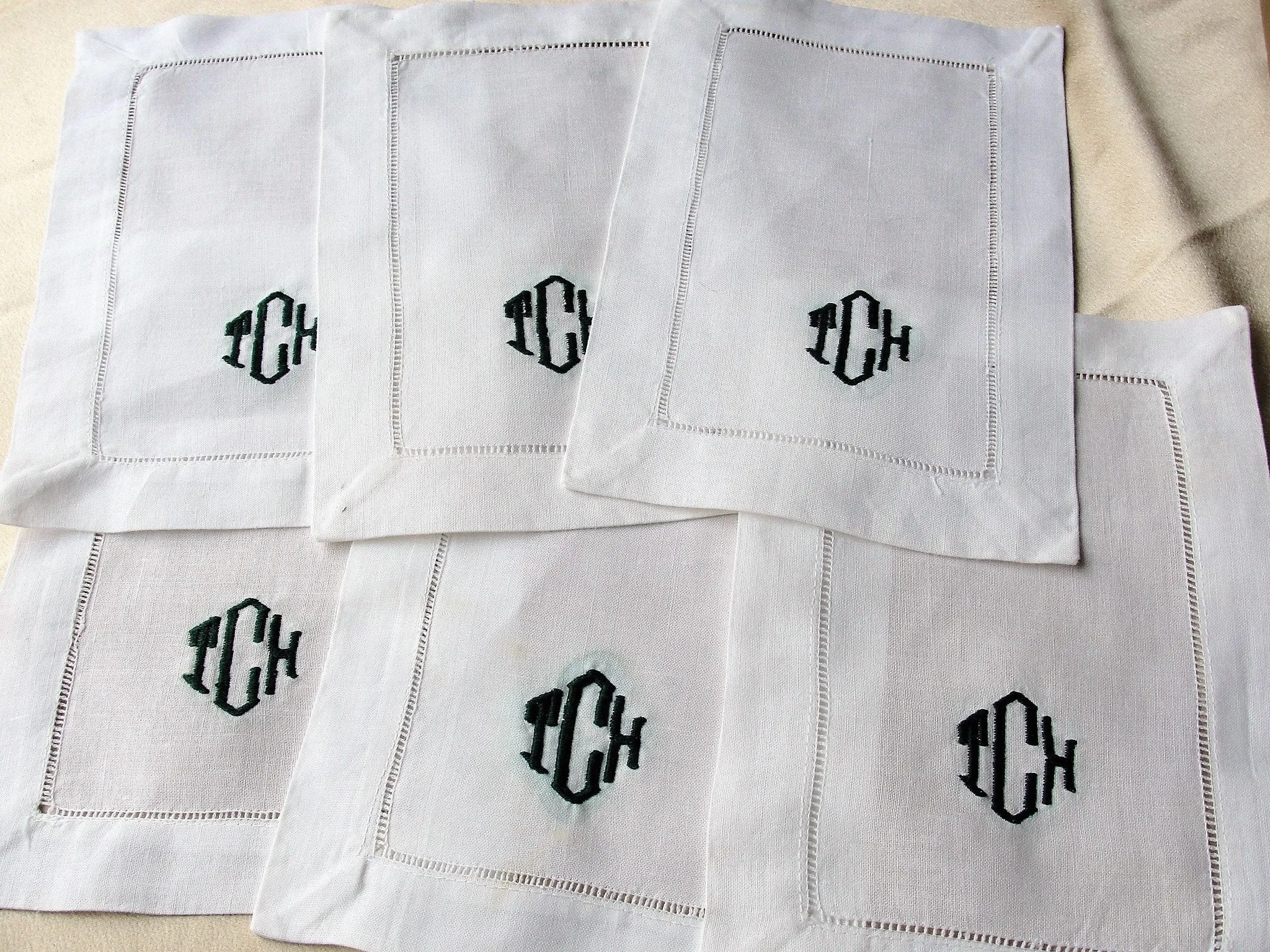 6 RETRO COCKTAIL NAPKINS, 50s Irish Linen, Eames Era, Monogram Cocktail Napkins, Mid Century Madeira,Linen Drink Mats, Collectib