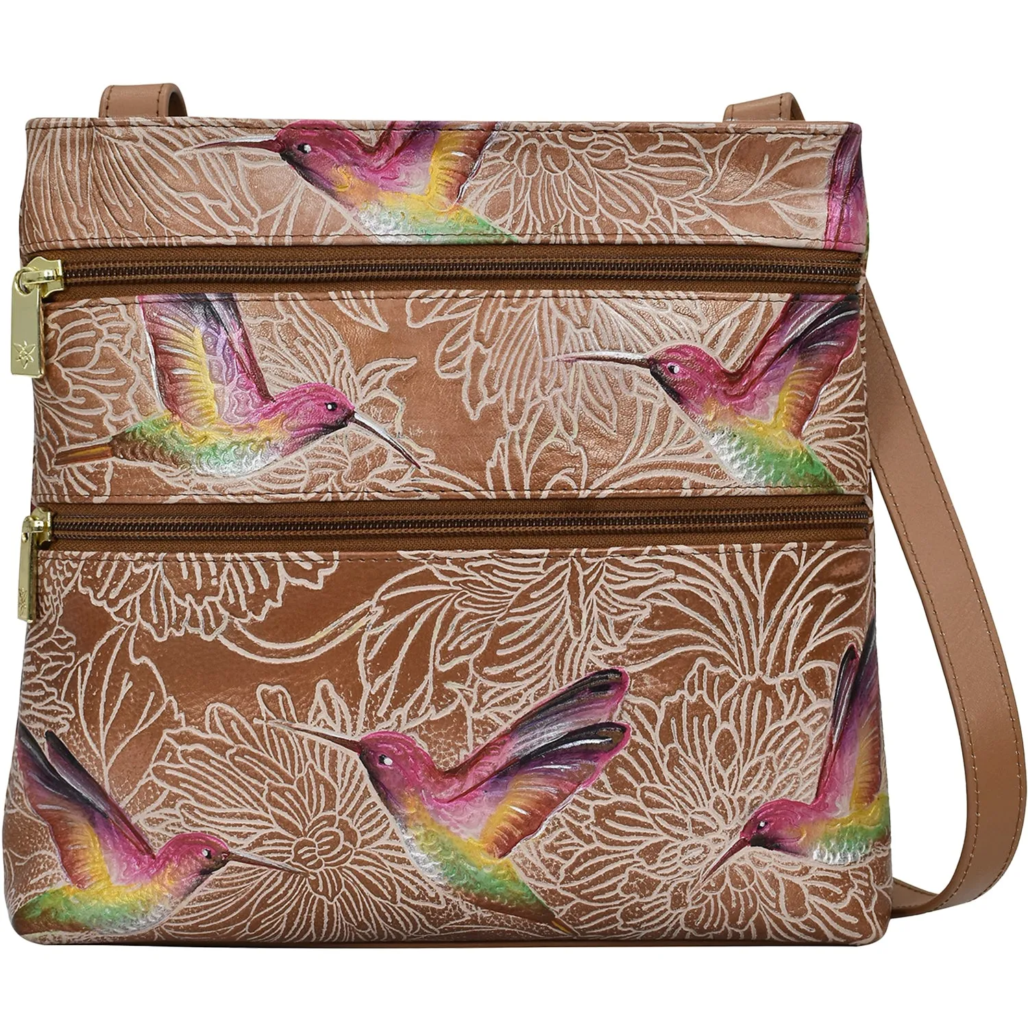 Anuschka Medium Crossbody Tooled Birds Tan Leather