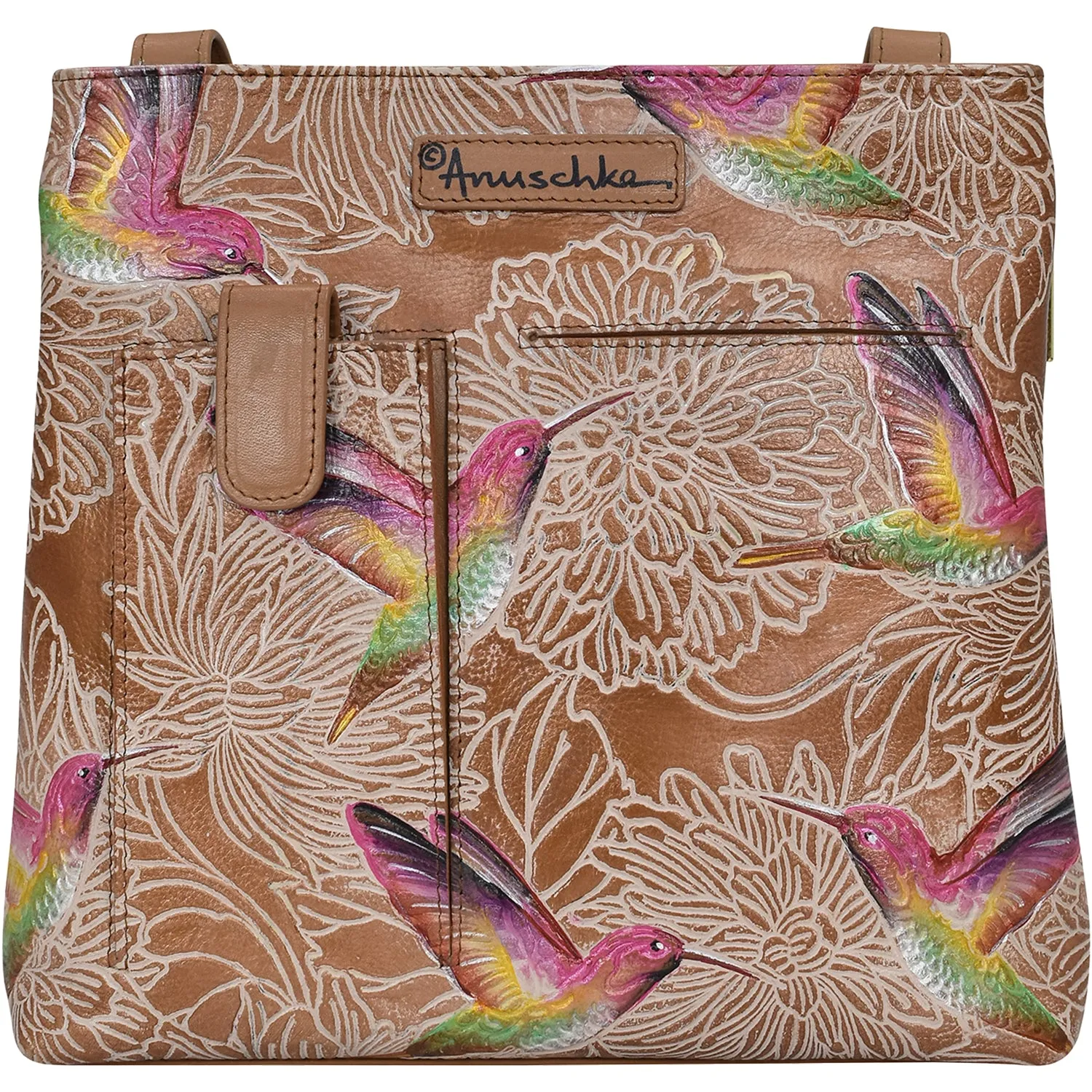 Anuschka Medium Crossbody Tooled Birds Tan Leather