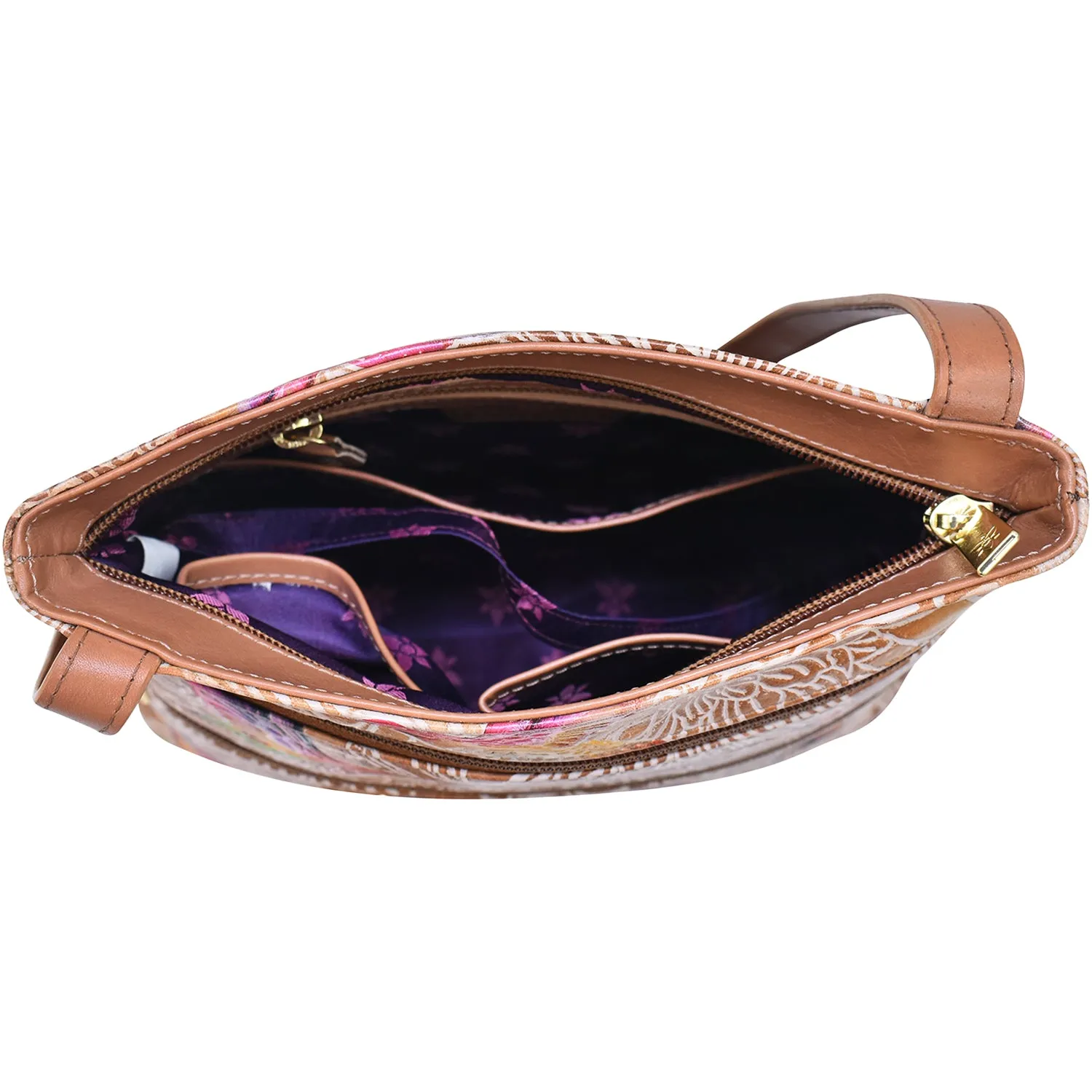 Anuschka Medium Crossbody Tooled Birds Tan Leather