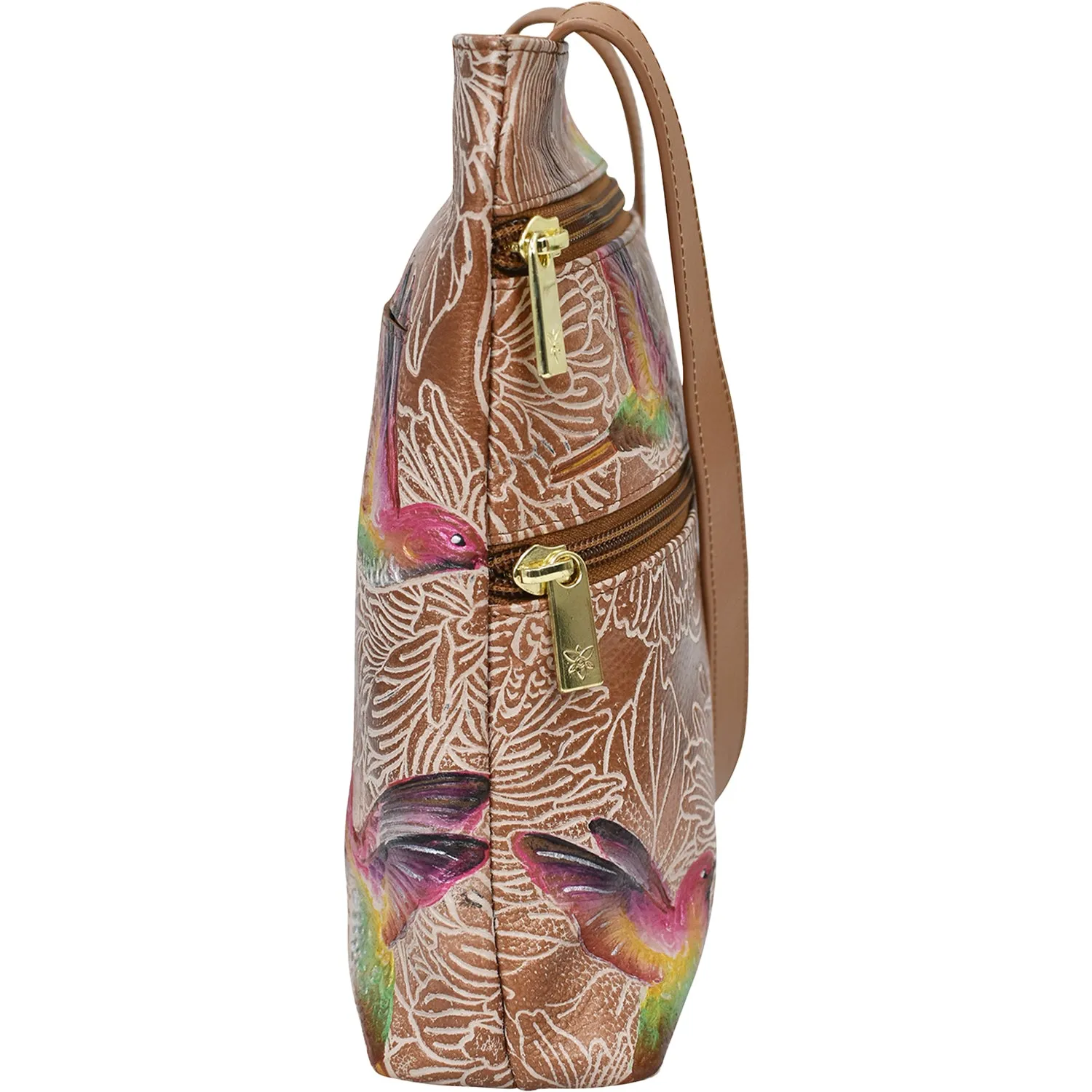 Anuschka Medium Crossbody Tooled Birds Tan Leather