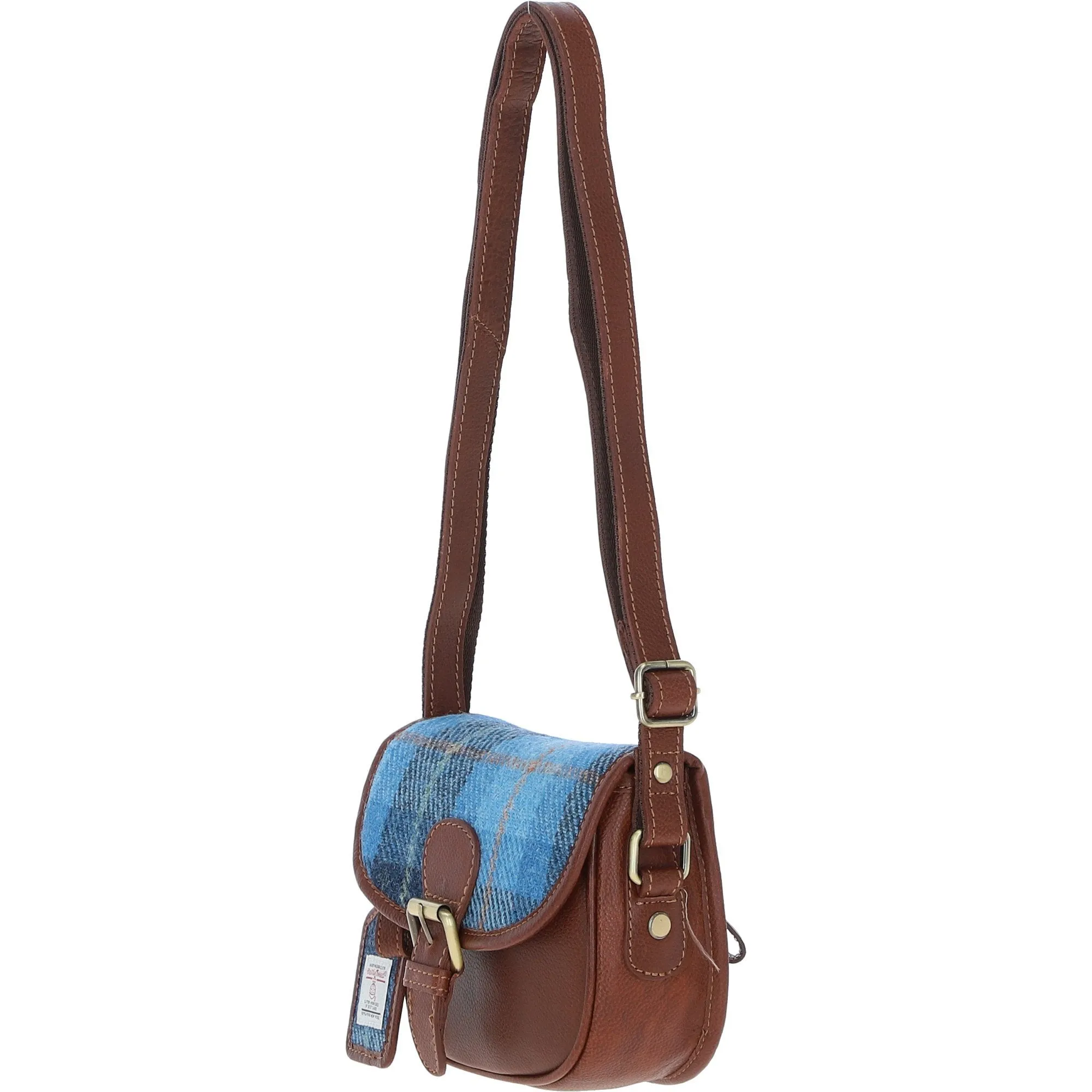 Ashwood Leather & Harris Tweed Saddle Bag Tan/LT Blue: TW-26-05-TB