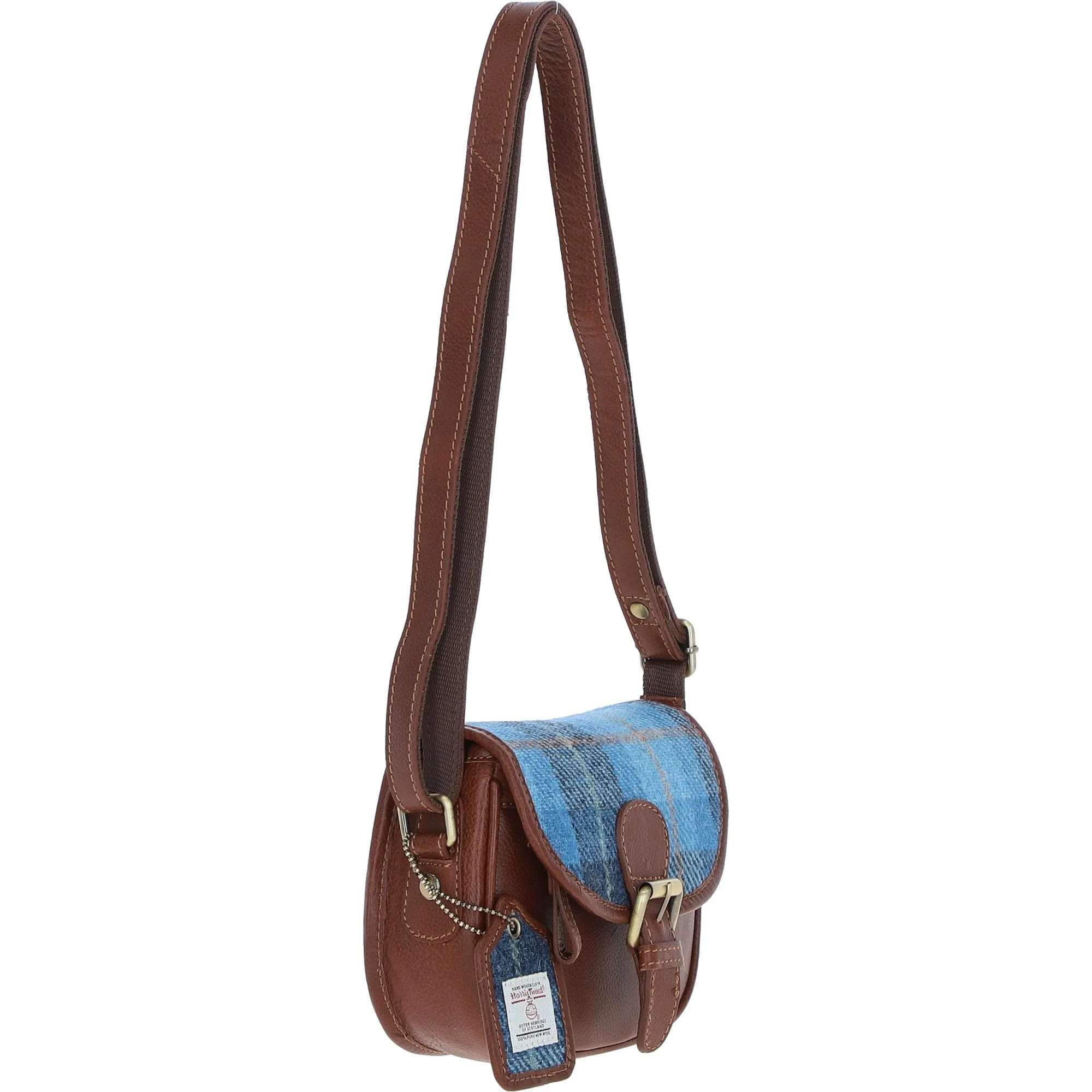 Ashwood Leather & Harris Tweed Saddle Bag Tan/LT Blue: TW-26-05-TB