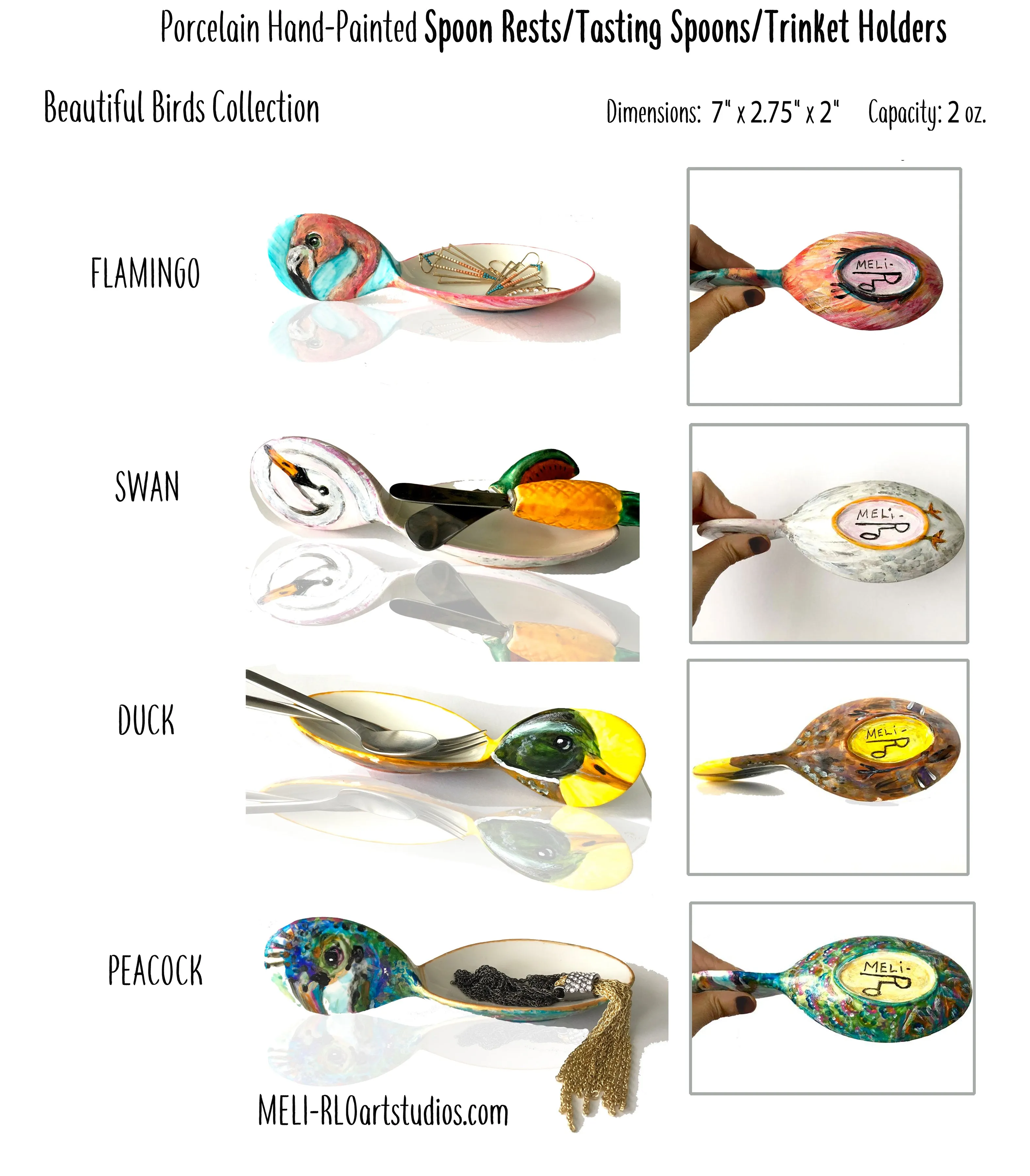 BIRDS (and more):  Hand-painted Porcelain Tasting Spoon/Spoon Rests