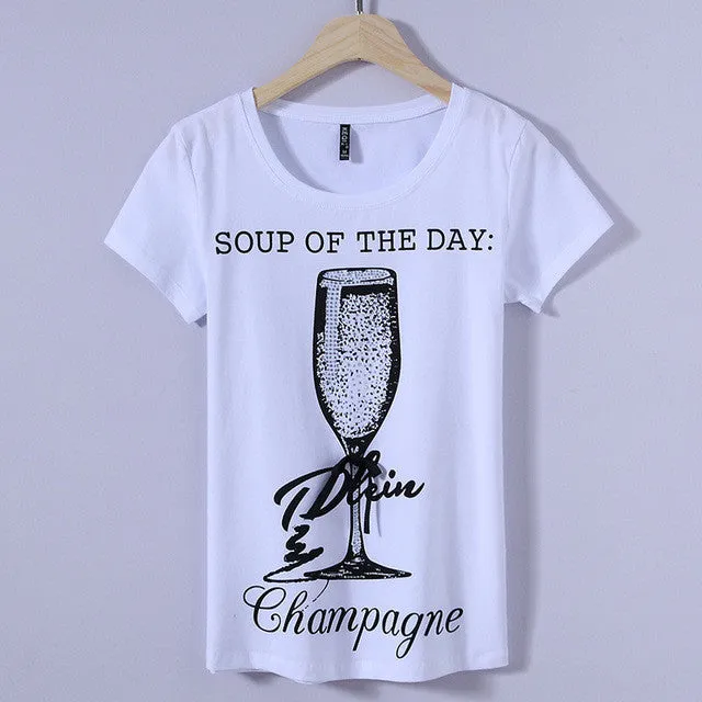 Fashion New Short Sleeve T-shirts Plus Size Female t shirts Wine Glass Letter Print Top O-neck Women tshirts 72387 GS