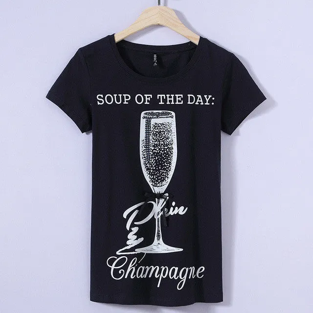 Fashion New Short Sleeve T-shirts Plus Size Female t shirts Wine Glass Letter Print Top O-neck Women tshirts 72387 GS