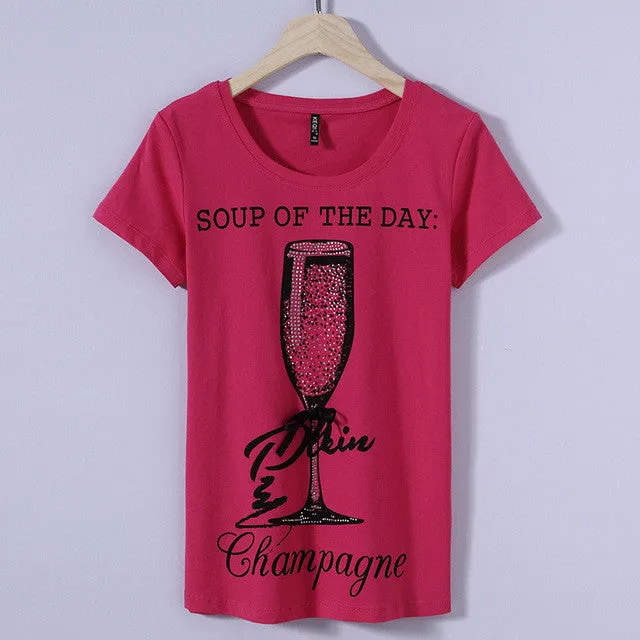 Fashion New Short Sleeve T-shirts Plus Size Female t shirts Wine Glass Letter Print Top O-neck Women tshirts 72387 GS