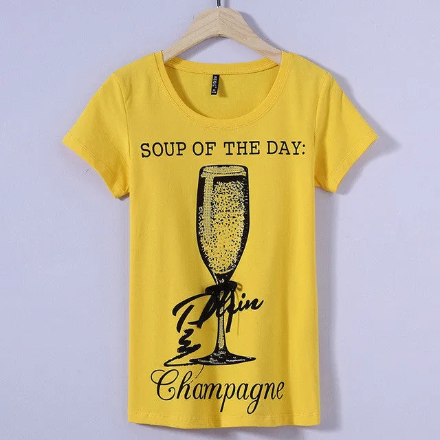 Fashion New Short Sleeve T-shirts Plus Size Female t shirts Wine Glass Letter Print Top O-neck Women tshirts 72387 GS