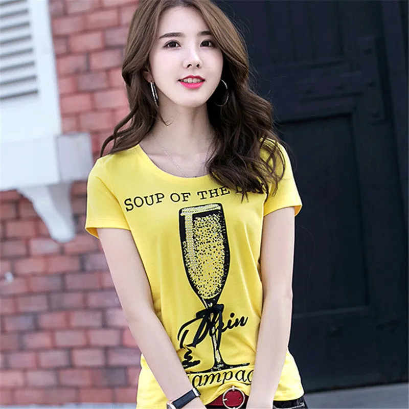 Fashion New Short Sleeve T-shirts Plus Size Female t shirts Wine Glass Letter Print Top O-neck Women tshirts 72387 GS