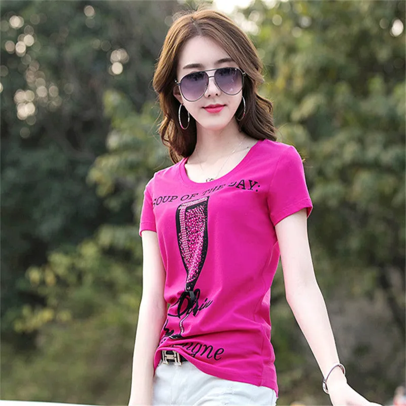 Fashion New Short Sleeve T-shirts Plus Size Female t shirts Wine Glass Letter Print Top O-neck Women tshirts 72387 GS