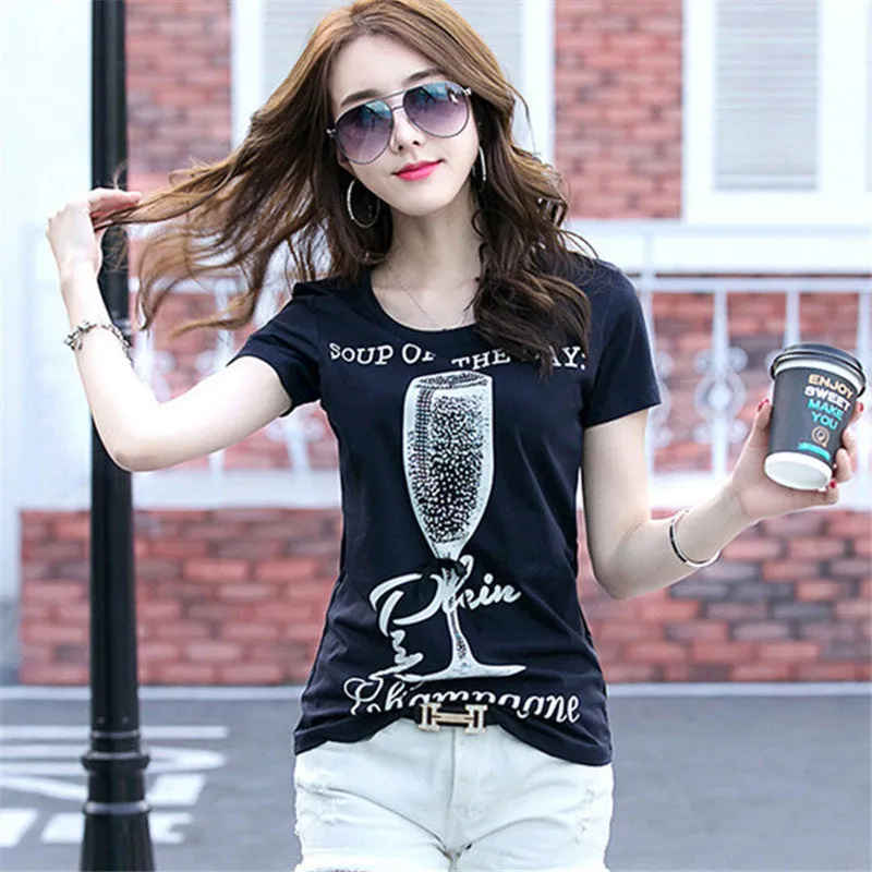 Fashion New Short Sleeve T-shirts Plus Size Female t shirts Wine Glass Letter Print Top O-neck Women tshirts 72387 GS