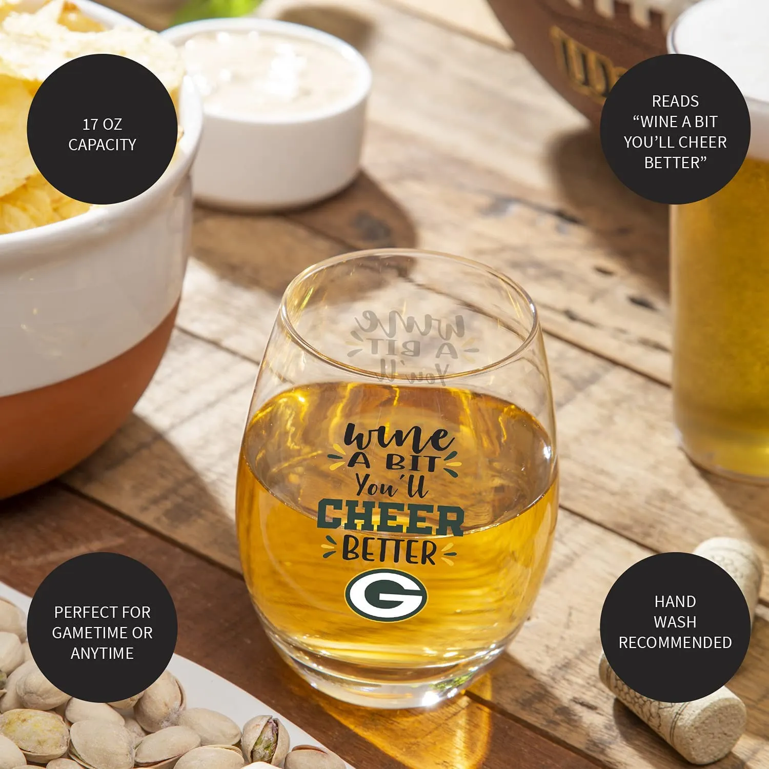 Green Bay Packers 17oz Stemless Wine Glass, Boxed