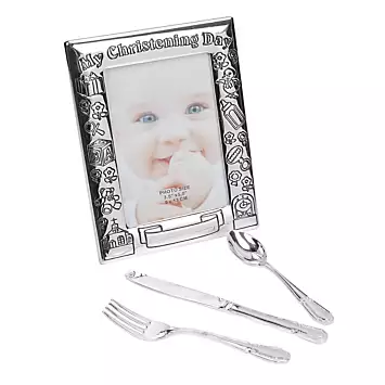 Hello Baby My Christening Day’ Frame with Knife Fork & Spoon Set | Kaleidoscope