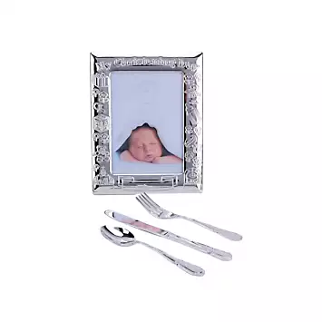 Hello Baby My Christening Day’ Frame with Knife Fork & Spoon Set | Kaleidoscope