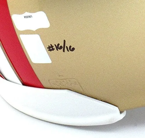 Joe Montana Autographed/Signed San Francisco 49ers Riddell Throwback Authentic NFL Helmet With Career Stats Inscription - LE #16