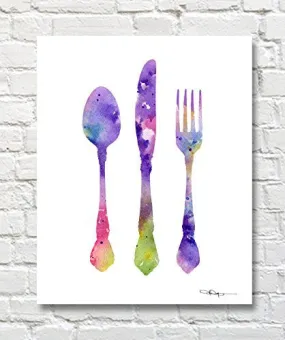 Knife Fork Spoon Abstract Watercolor Kitchen Art Print By Artist DJ Rogers