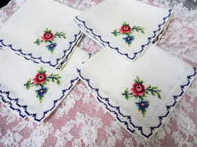 LOVELY Vintage Napkins, Hand Embroidery,Roses,Luncheon Napkins,Tea Time Napkins Set of 4 French Cottage Farmhouse Decor ,Collect