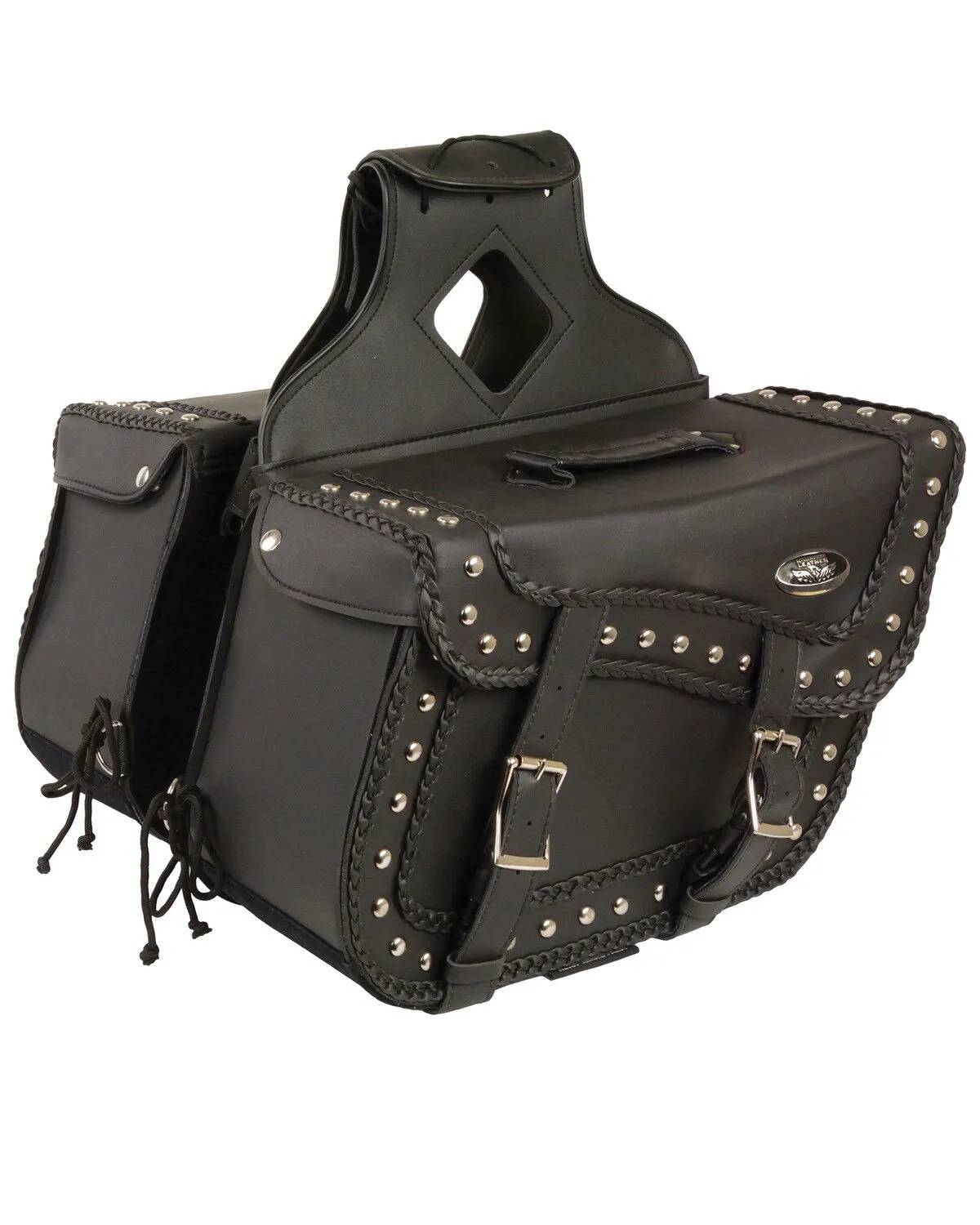 Milwaukee Leather Large Braided Zip-Off PVC Throw Over Saddle Bag with Studs