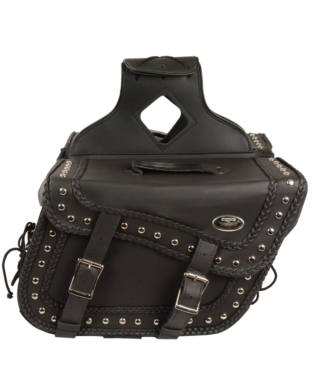 Milwaukee Leather Large Braided Zip-Off PVC Throw Over Saddle Bag with Studs