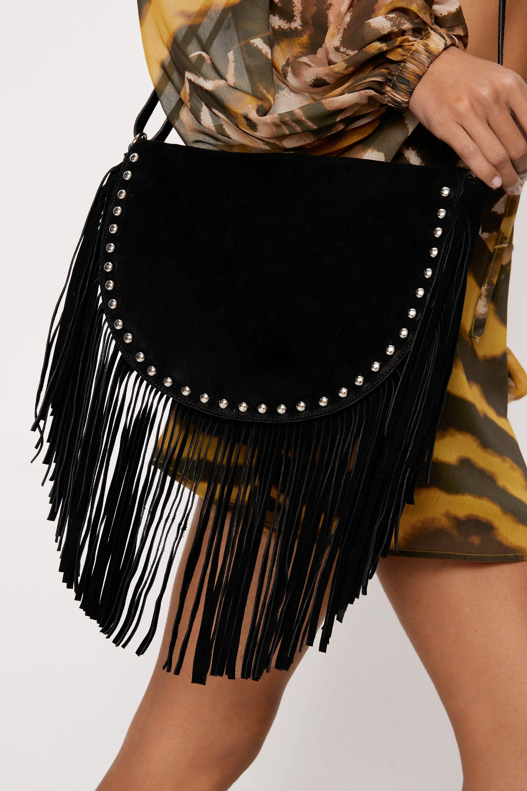 Suede Fringe Studded Cross Body Bag