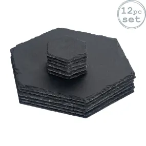 Table Linen & Mats | 12 Piece Hexagon Slate Placemats & Coasters Set | Argon Tableware