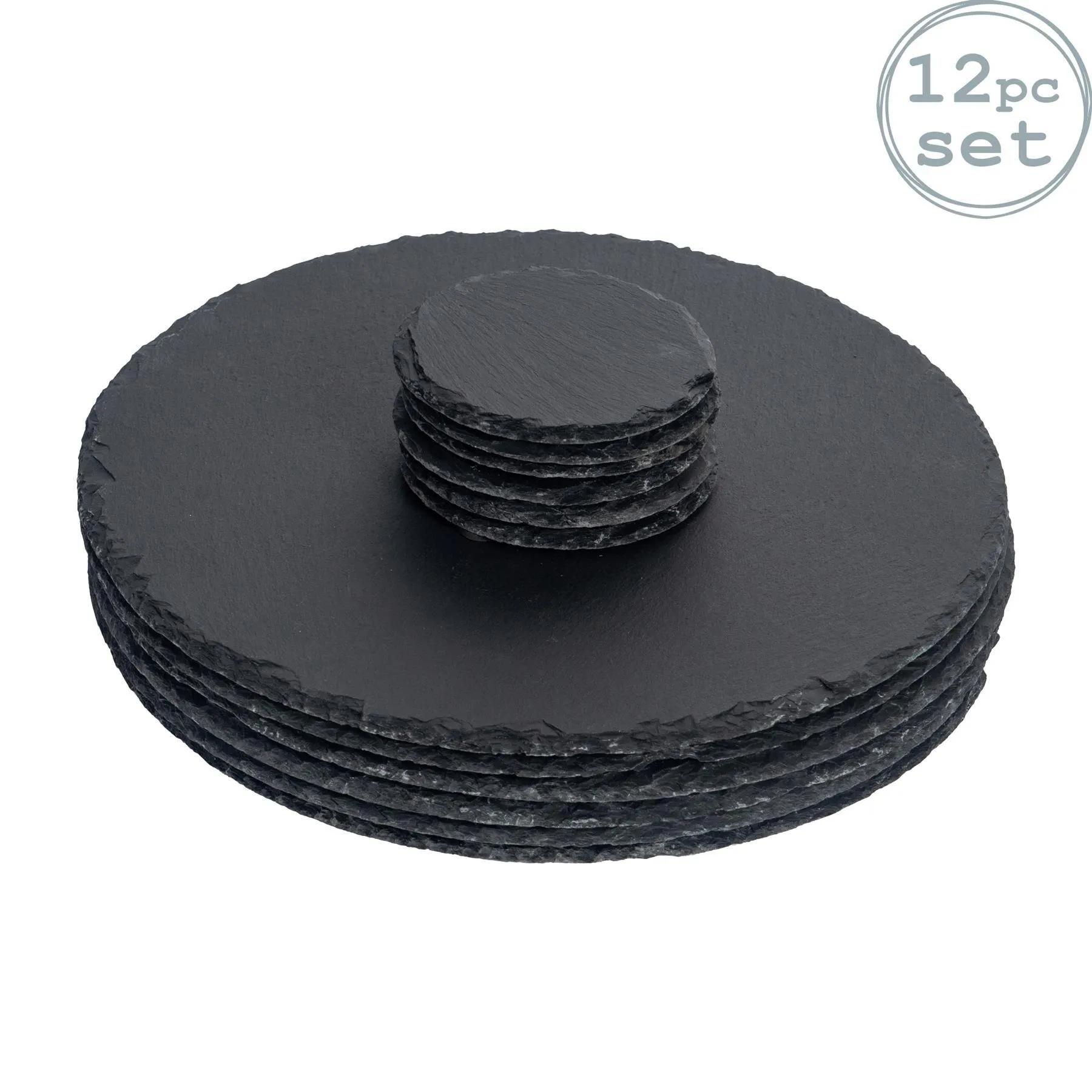 Table Linen & Mats | 12 Piece Round Slate Placemats & Coasters Set | Argon Tableware