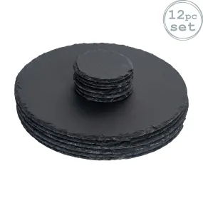 Table Linen & Mats | 12 Piece Round Slate Placemats & Coasters Set | Argon Tableware