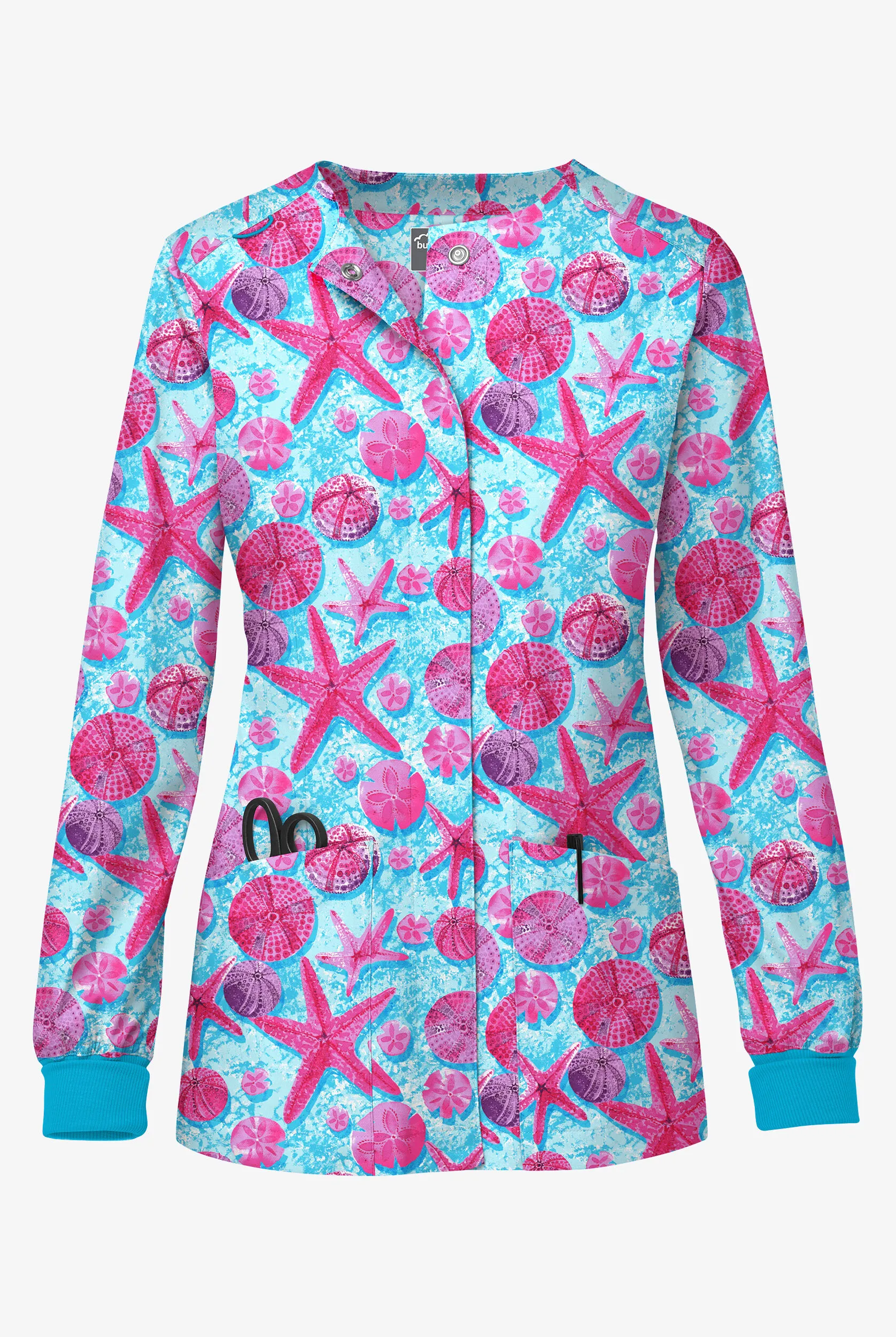 UA Butter-Soft STRETCH Crystal Reef Fuchsia Women's 2-Pocket Long Sleeve Print Scrub Jacket