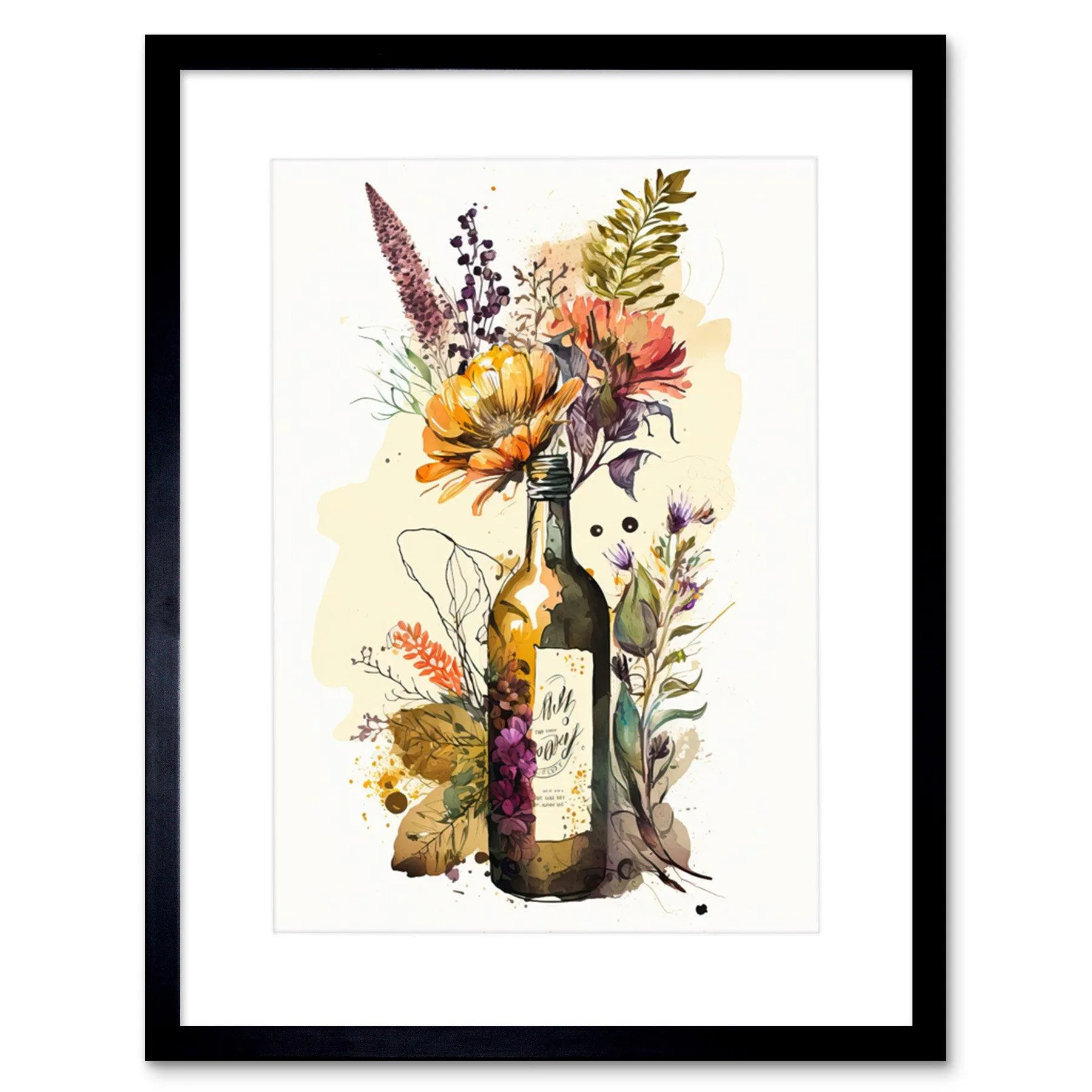 Wall Art & Pictures | Wall Art Print Wildflower Bouquet in Upcycled Glass Wine Bottle Artwork Framed 9X7 Inch | Artery8