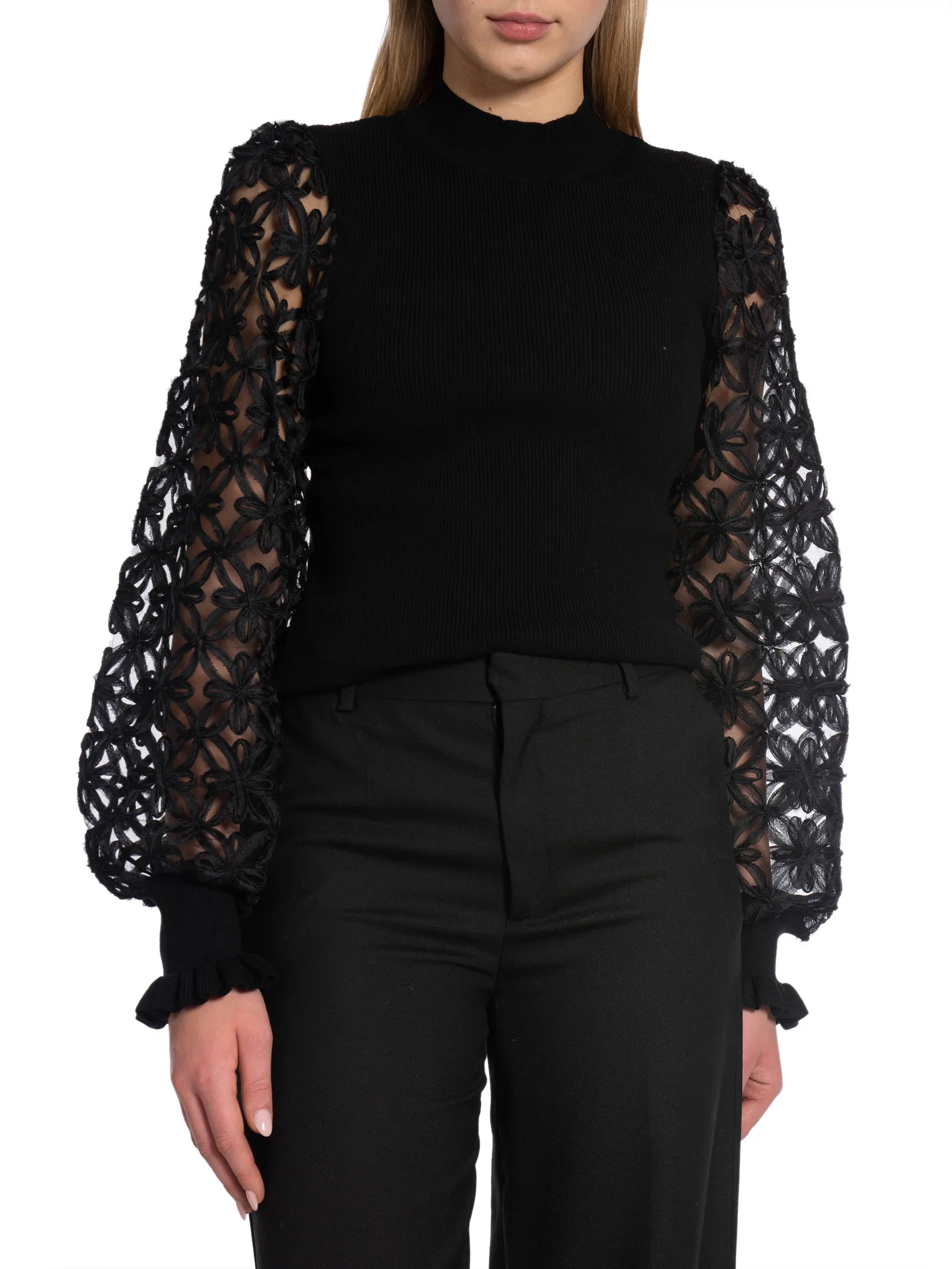 YAS TOP YASFRILLME LS KNIT PULLOVER BLACK